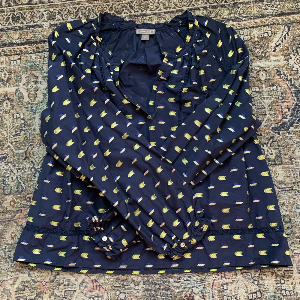 J. Crew Navy Blouse with Yellow and White Arrow Print